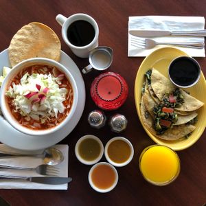 Red Pozole and Frijolilla with whole black breans at Un Solo Sol in Los Angeles
