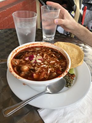 Red pozole with mushrooms at Un Solo Sol in Los Angeles