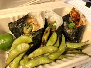 3 vegan triangles; spicy tofu, plum, and teriyaki tofu. Comes with edamame. Very good. I’ll go back for more of these geometric snacks  at Oori Foods in Albany