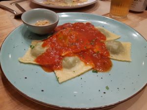 Menu of the day / Main / Ravioli with tomato sauce at Punto Vegano in Madrid