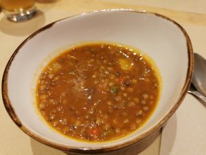 Menú del día starter: Lentil soup at Punto Vegano in Madrid