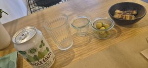 My drink and the free hors d'oeuvres at Punto Vegano in Madrid