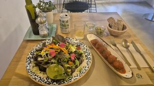 Albóndigas and a salad prepared according to my wishes. at Punto Vegano in Madrid