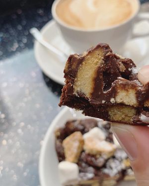 Rocky road and oat flat white at Vegan Antics in Gravesend