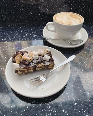 Rocky road and oat flat white at Vegan Antics in Gravesend
