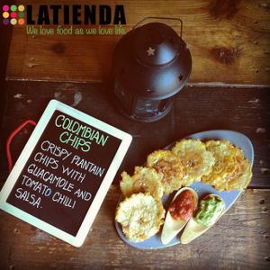 Plantain chips with fresh guacamole and organic chili tomato salsa homemade. at Latienda in Copenhagen