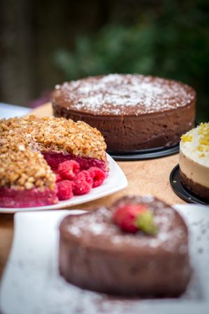 Delectable cakes galore from Cheeky no-cheesecake to Raspberry Crumble and Chocaholics Dream Cake at Raw Temptation in Geneva