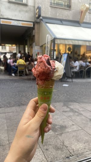 Like a strawberry chocolate thingy ice cream super nice. The other one is almond. You have to pay first then take the receipt to the counter.  at Vanilla Gelati Italiani in Milan