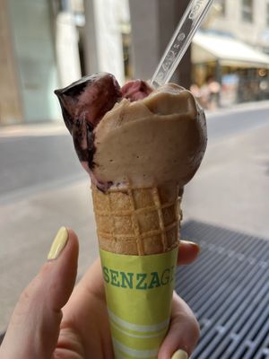 VEGAN.
NOCCIOLA (HAZELNUT) and 
CIOCCOLATO FONDENTE E LAMPONE
(DARK CHOCOLATE AND RASPBERRY).   at Vanilla Gelati Italiani in Milan