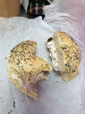 Everything bagel with tofutti walnut raisin toasted is the bomb! at Absolute Bagels in New York City