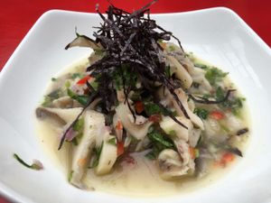 Vegan Ceviche made from predominantly mushrooms at Shakti en Chile in Santiago