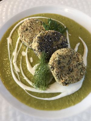 Homemade falafel and pea cream at Casa Scaparone in Alba