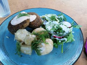 Cutlets with potatoes at Lokal Vegan Bistro in Warsaw