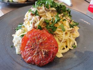 Carbonara at Lokal Vegan Bistro in Warsaw