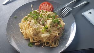 Carbonara at Lokal Vegan Bistro in Warsaw