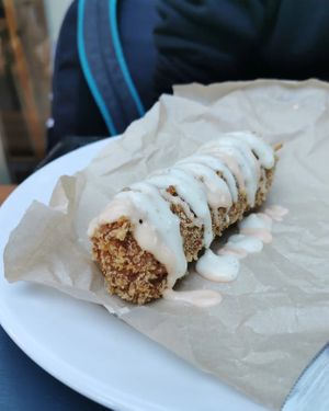 Vegan corn dog at Lokal Vegan Bistro in Warsaw