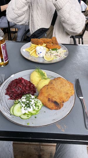 Vegan fish and chips and cotlett   at Lokal Vegan Bistro in Warsaw