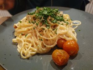 Vegan Carbonara Pasta at Lokal Vegan Bistro in Warsaw