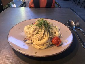 Spaghetti carbonara  at Lokal Vegan Bistro in Warsaw