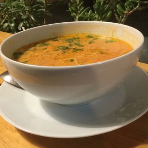 tomato and coconut milk soup  at Lokal Vegan Bistro in Warsaw