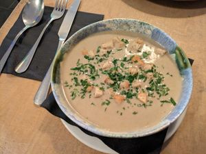 Mushroom creamy soup at Lokal Vegan Bistro in Warsaw