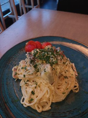Spaghetti Carbonara - 36zł at Lokal Vegan Bistro in Warsaw