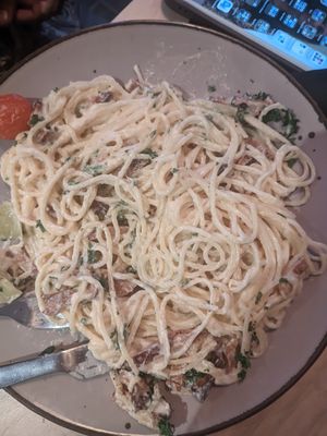 Carbonara at Lokal Vegan Bistro in Warsaw