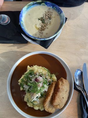 vegan fried cutlet and soup  at Lokal Vegan Bistro in Warsaw