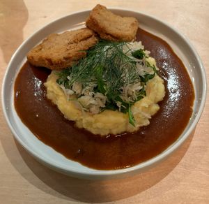 Vegan cutlet with mash and gravy   at Lokal Vegan Bistro in Warsaw