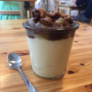 gluten free dessert - cheesecake pudding with apples at Lokal Vegan Bistro in Warsaw
