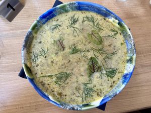 Vegetable soup with a vegan egg  at Lokal Vegan Bistro in Warsaw