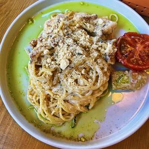 Carbonara with bacon bits  at Lokal Vegan Bistro in Warsaw