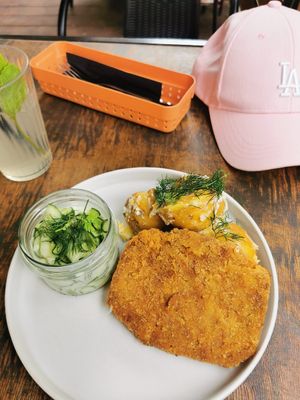 Shabowy with potatoes and cucumber dill salad at Lokal Vegan Bistro in Warsaw