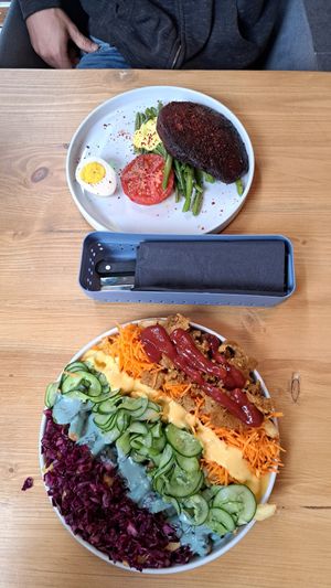 Rainbow fries, steak at Lokal Vegan Bistro in Warsaw