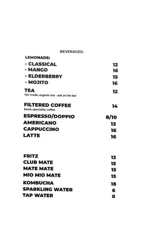 Beverage menu at Lokal Vegan Bistro in Warsaw
