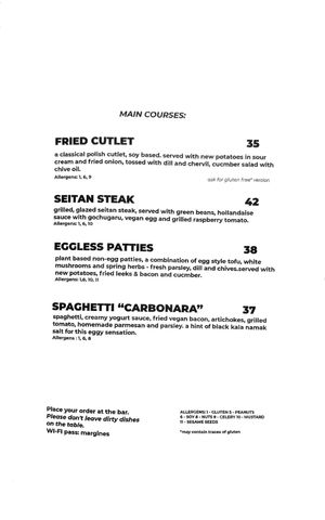 Main course menu at Lokal Vegan Bistro in Warsaw