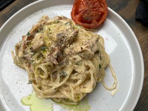 Spaghetti carbonara at Lokal Vegan Bistro in Warsaw