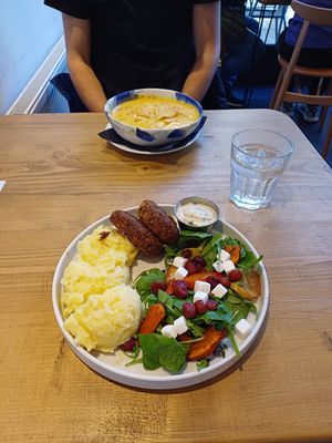 Soup and Soy patties at Lokal Vegan Bistro in Warsaw