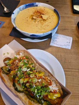 Hot dog and cheese soup at Lokal Vegan Bistro in Warsaw