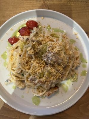 Spaghetti Carbonara - delicious 😋   at Lokal Vegan Bistro in Warsaw