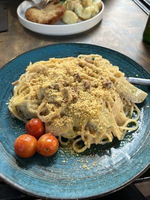 Spaghetti ”Carbonara"  at Lokal Vegan Bistro in Warsaw