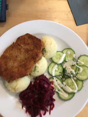 soy cutlet with mashed potatoes and vegan salad at Lokal Vegan Bistro in Warsaw