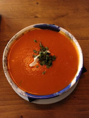 Tomato soup with dumplings at Lokal Vegan Bistro in Warsaw
