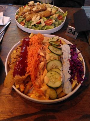 Caesar salad and rainbow chips (i.e. kebab plate) at Lokal Vegan Bistro in Warsaw