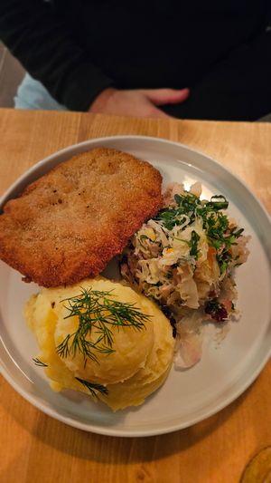 Kotlet, potato mash and cabbage at Lokal Vegan Bistro in Warsaw