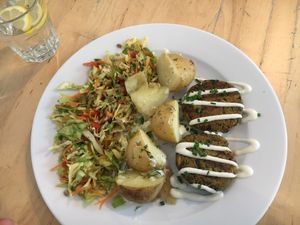 Tofu scrambles cakes  at Lokal Vegan Bistro in Warsaw