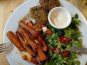 Zuchinni millet patties at Lokal Vegan Bistro in Warsaw