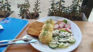 Schabowy with salad and potatoes at Lokal Vegan Bistro in Warsaw