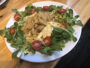 Creamy seitan ”chicken” pasta at Lokal Vegan Bistro in Warsaw