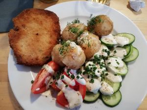 Schnitzel with new potato at Lokal Vegan Bistro in Warsaw